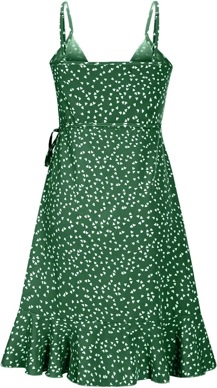 Spaghetti Strap Floral Mini Dress Women's Casual Wrap V-Neck Tie Side Ruffle Boho Dress Summer Beach Sundress