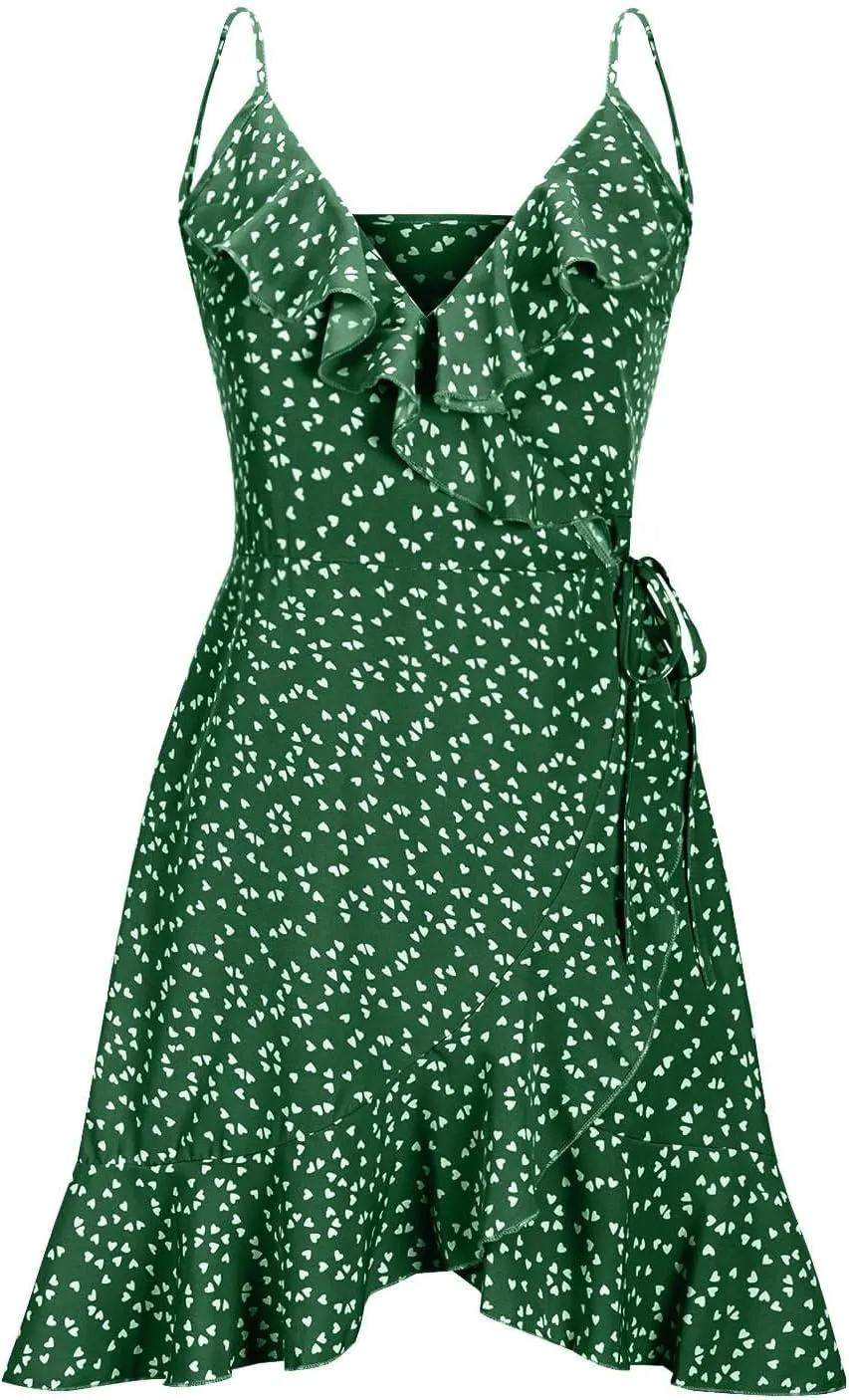 Spaghetti Strap Floral Mini Dress Women's Casual Wrap V-Neck Tie Side Ruffle Boho Dress Summer Beach Sundress