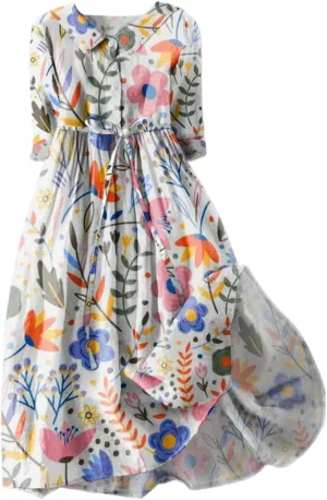 Spring Casual Dresses for Women Summer Floral Midi Flowy Dress Button Down Short Sleeve Tiered Smocked Drawstring Dress