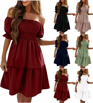Summer Dresses for Women 2024 Midi Off Shoulder Puff Sleeve Dress Pleated Ruffle Elegant Dress Trendy Casual Sundress