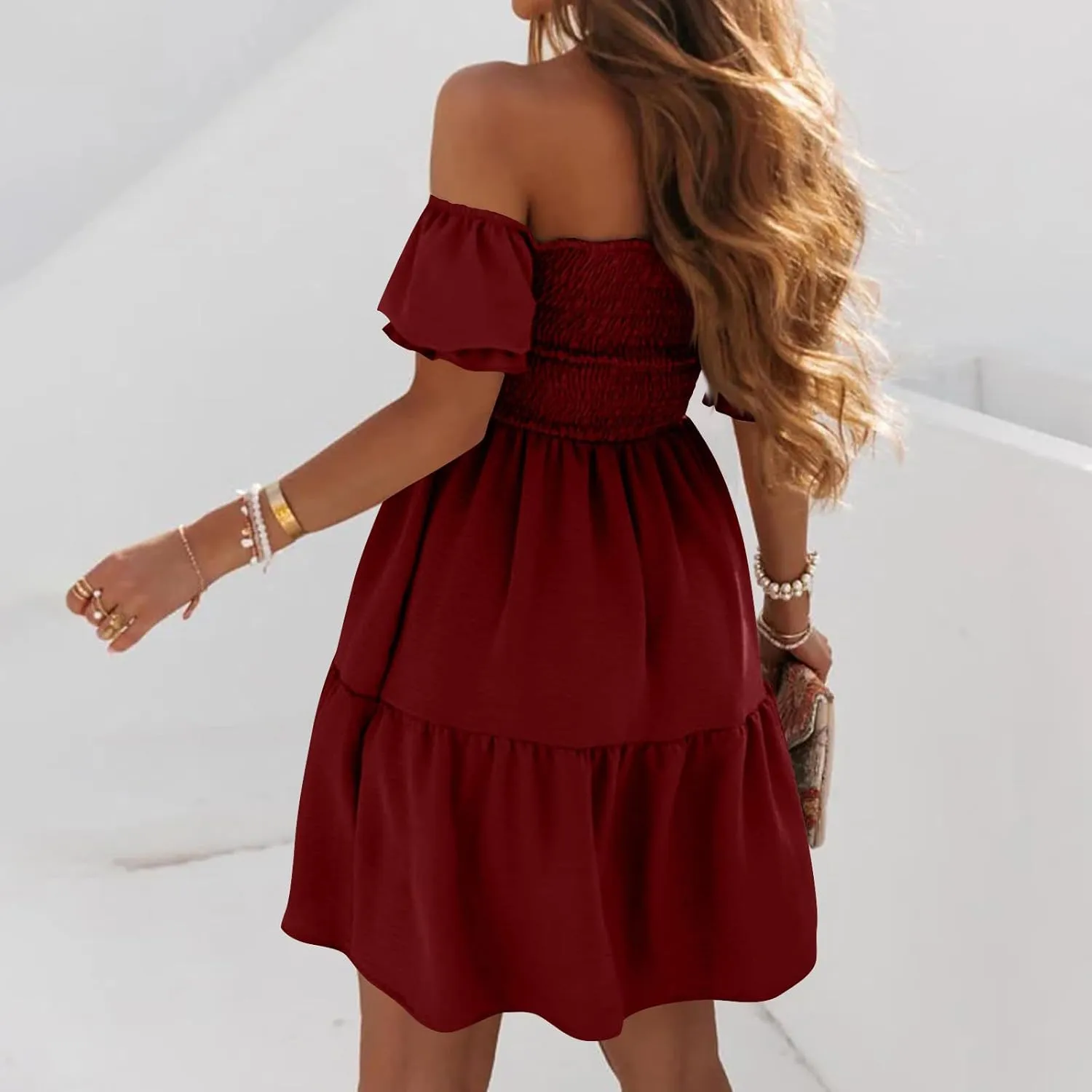 Summer Dresses for Women 2024 Midi Off Shoulder Puff Sleeve Dress Pleated Ruffle Elegant Dress Trendy Casual Sundress