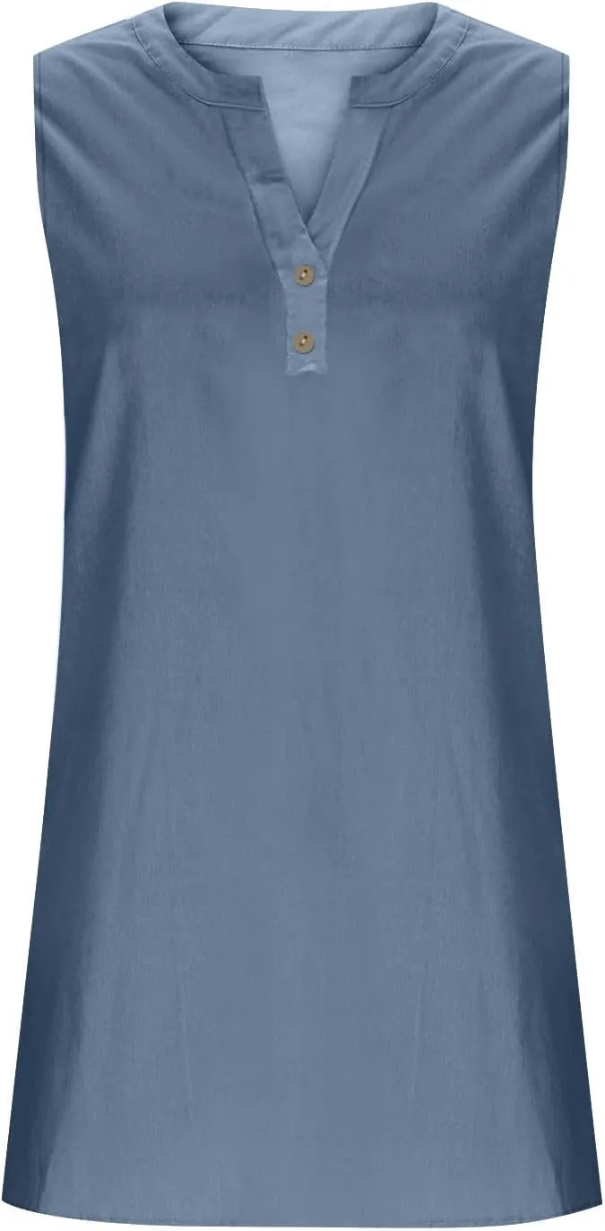 Summer Dresses for Women 2025 Cotton Linen Dress Tshirt Casual Hawaiian Sleeveless Button V-Neck Midi Boho Sundress
