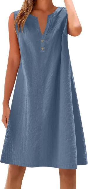 Summer Dresses for Women 2025 Cotton Linen Dress Tshirt Casual Hawaiian Sleeveless Button V-Neck Midi Boho Sundress