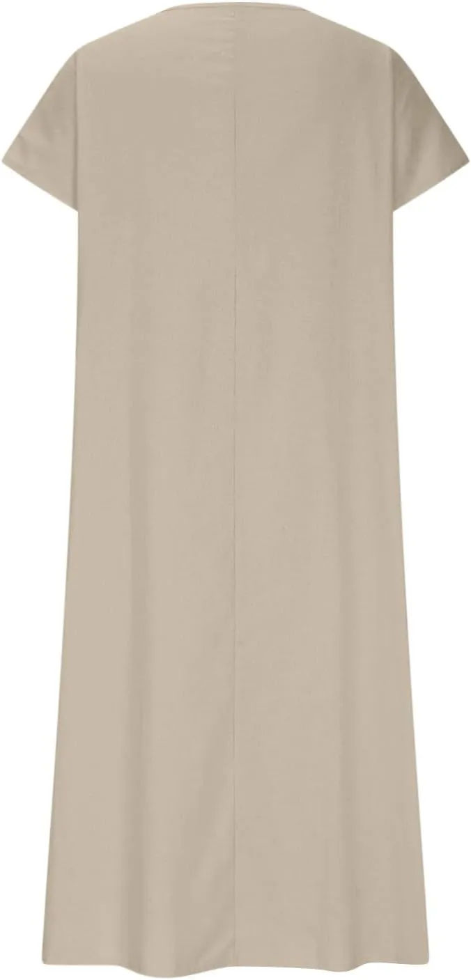 Summer Dresses for Women 2025 Linen V Neck Dress Casual Short Sleeve Dresses Flowy Beach Maxi Dress