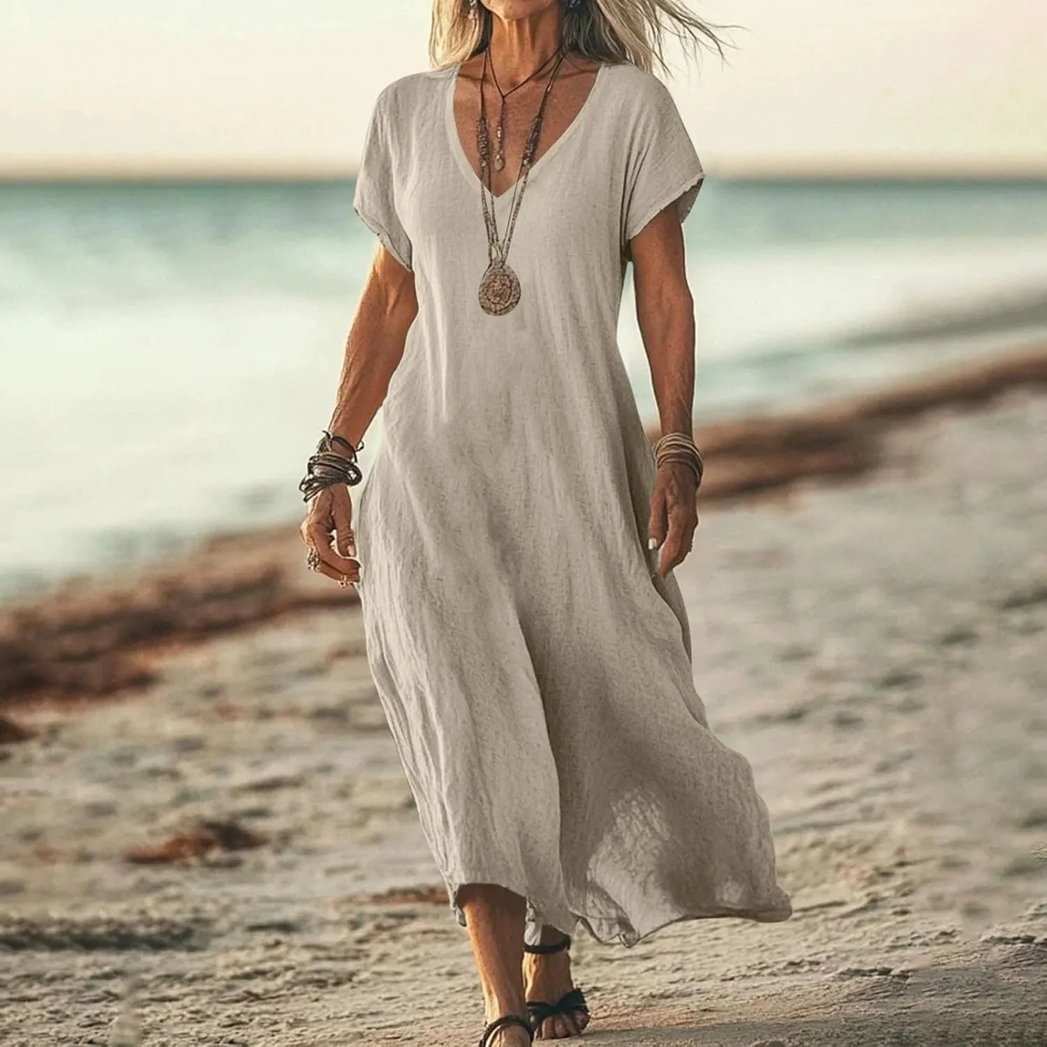 Summer Dresses for Women 2025 Linen V Neck Dress Casual Short Sleeve Dresses Flowy Beach Maxi Dress