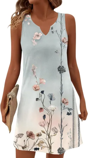 Summer Dresses for Women V-Neck Sleep Dress Casual Beach Tank Dress Sleeveless Sundresses Loose Floral T Shirt Dresses
