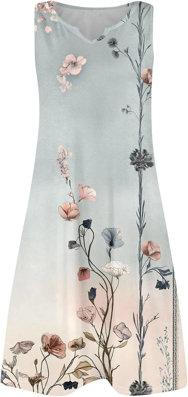 Summer Dresses for Women V-Neck Sleep Dress Casual Beach Tank Dress Sleeveless Sundresses Loose Floral T Shirt Dresses