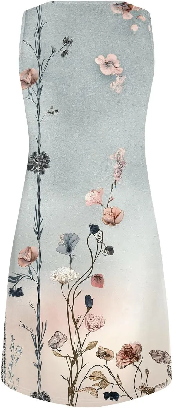 Summer Dresses for Women V-Neck Sleep Dress Casual Beach Tank Dress Sleeveless Sundresses Loose Floral T Shirt Dresses