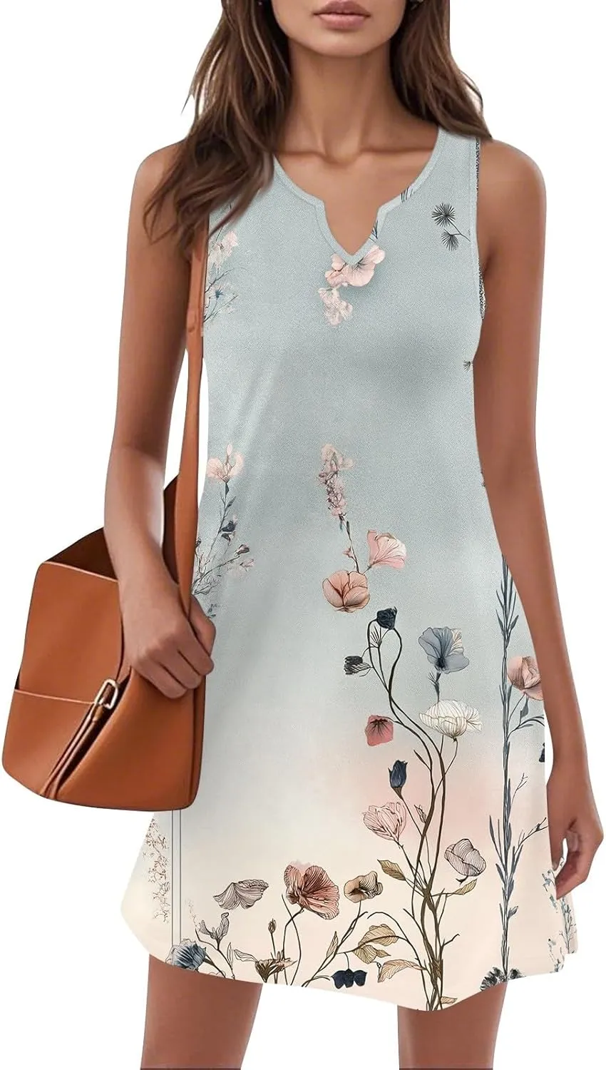 Summer Dresses for Women V-Neck Sleep Dress Casual Beach Tank Dress Sleeveless Sundresses Loose Floral T Shirt Dresses