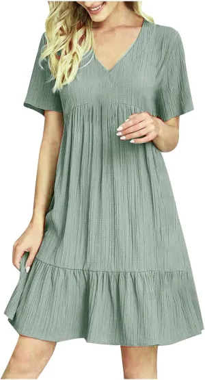 Summer Dresses for Womens V Neck Flutter Sleeve Flowy Short Dress Casual Midi Dress A Line Ruffle Tiered Swing Dresses