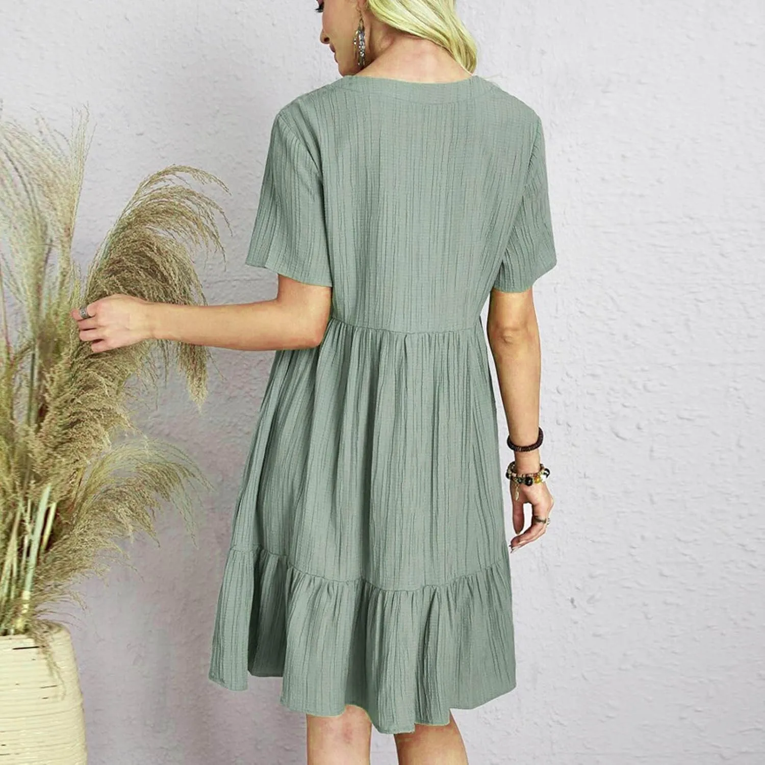 Summer Dresses for Womens V Neck Flutter Sleeve Flowy Short Dress Casual Midi Dress A Line Ruffle Tiered Swing Dresses