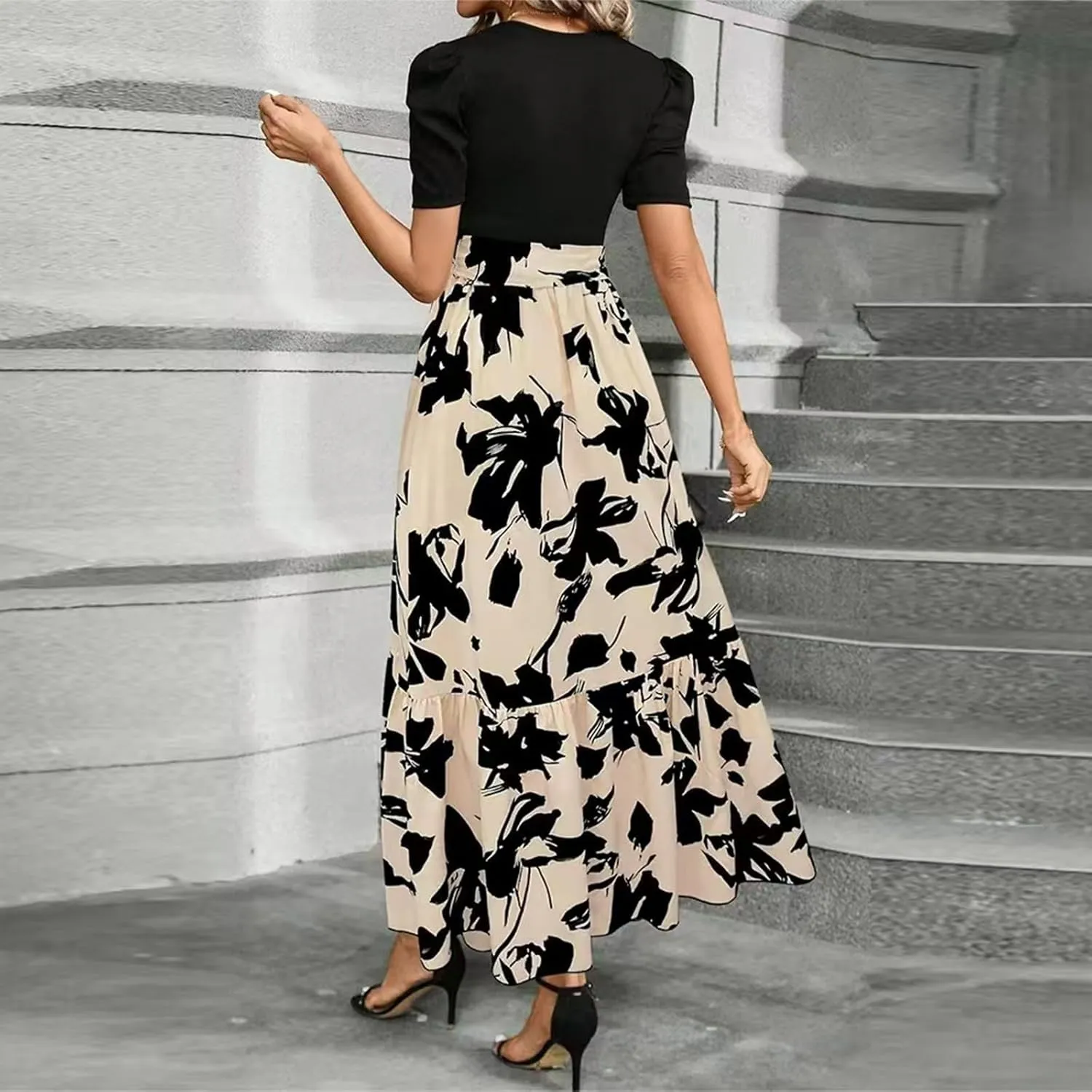 Summer Maxi Dresses for Women 2025 Young Floral Print Puff Sleeve Waist Tie and Asymmetric Hem Sundresses