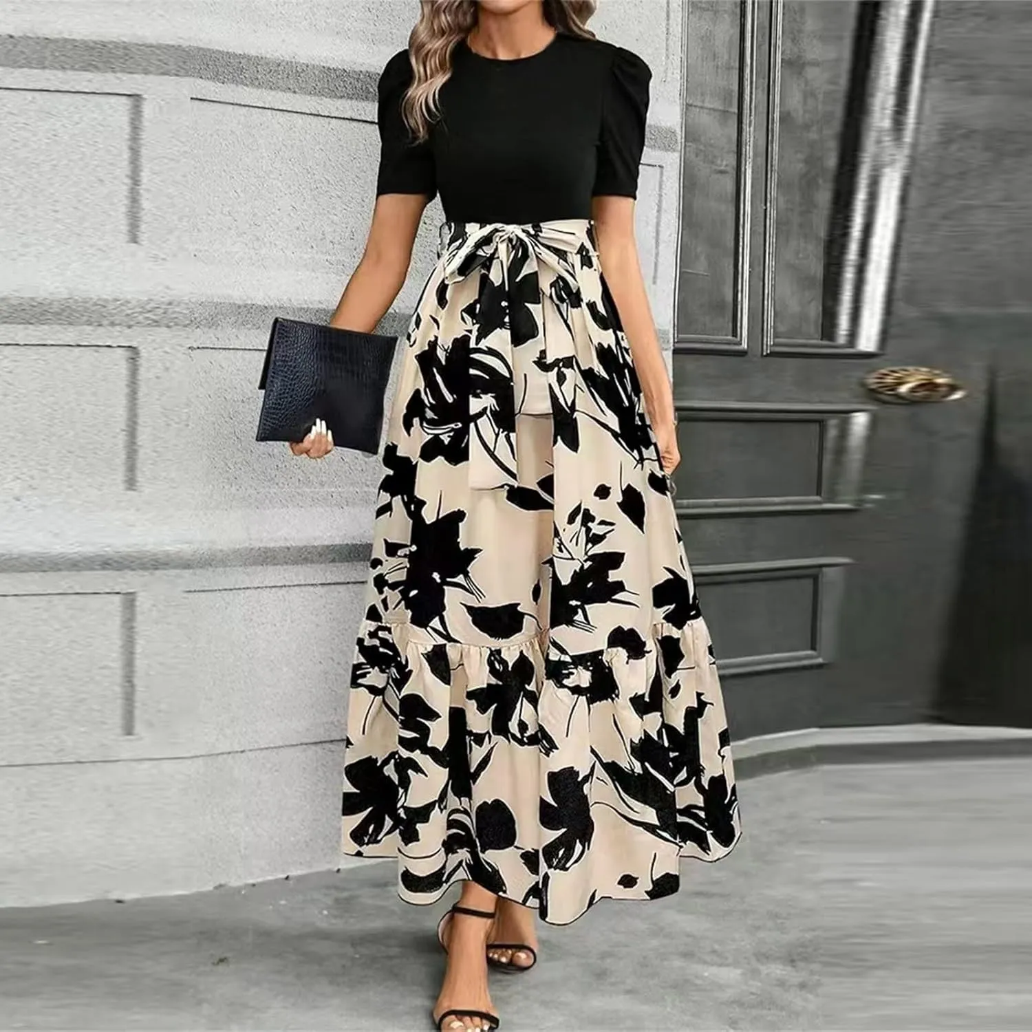 Summer Maxi Dresses for Women 2025 Young Floral Print Puff Sleeve Waist Tie and Asymmetric Hem Sundresses