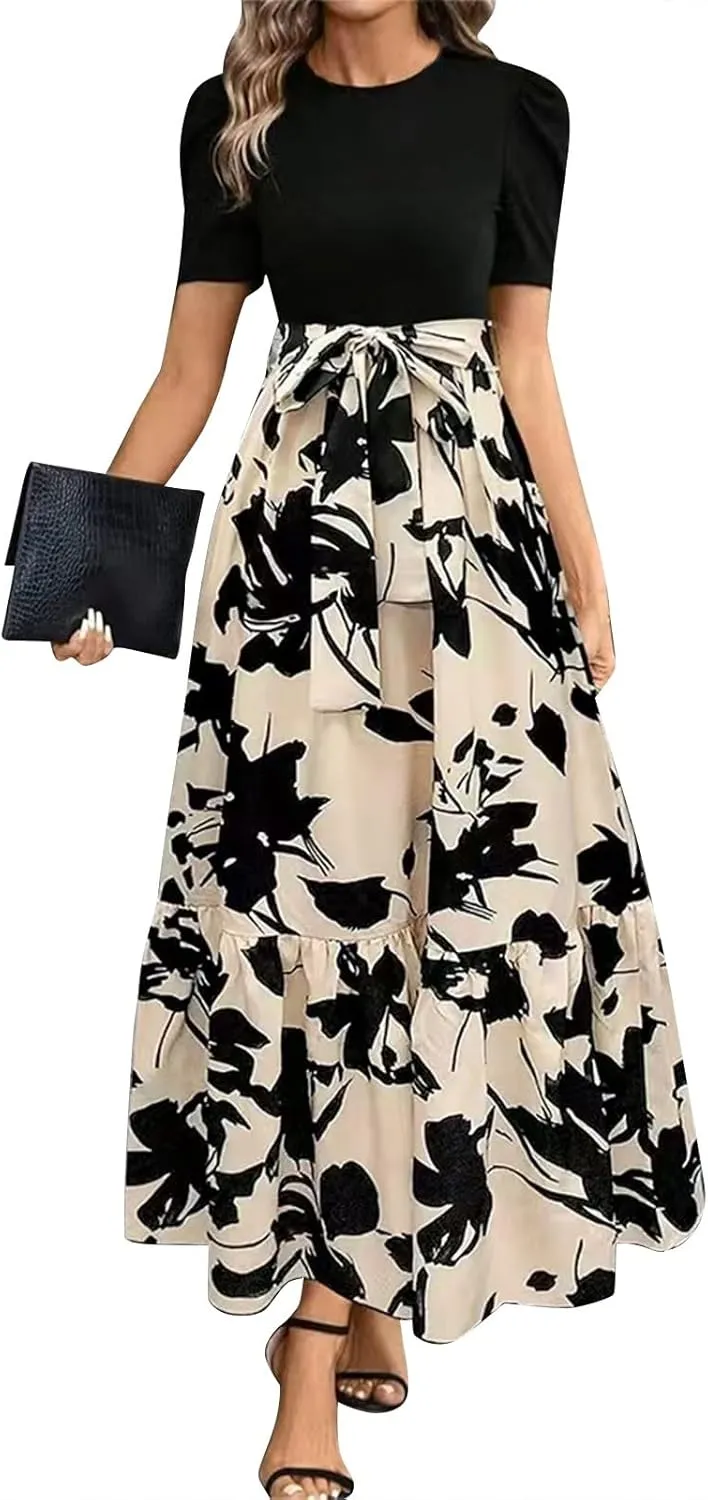 Summer Maxi Dresses for Women 2025 Young Floral Print Puff Sleeve Waist Tie and Asymmetric Hem Sundresses