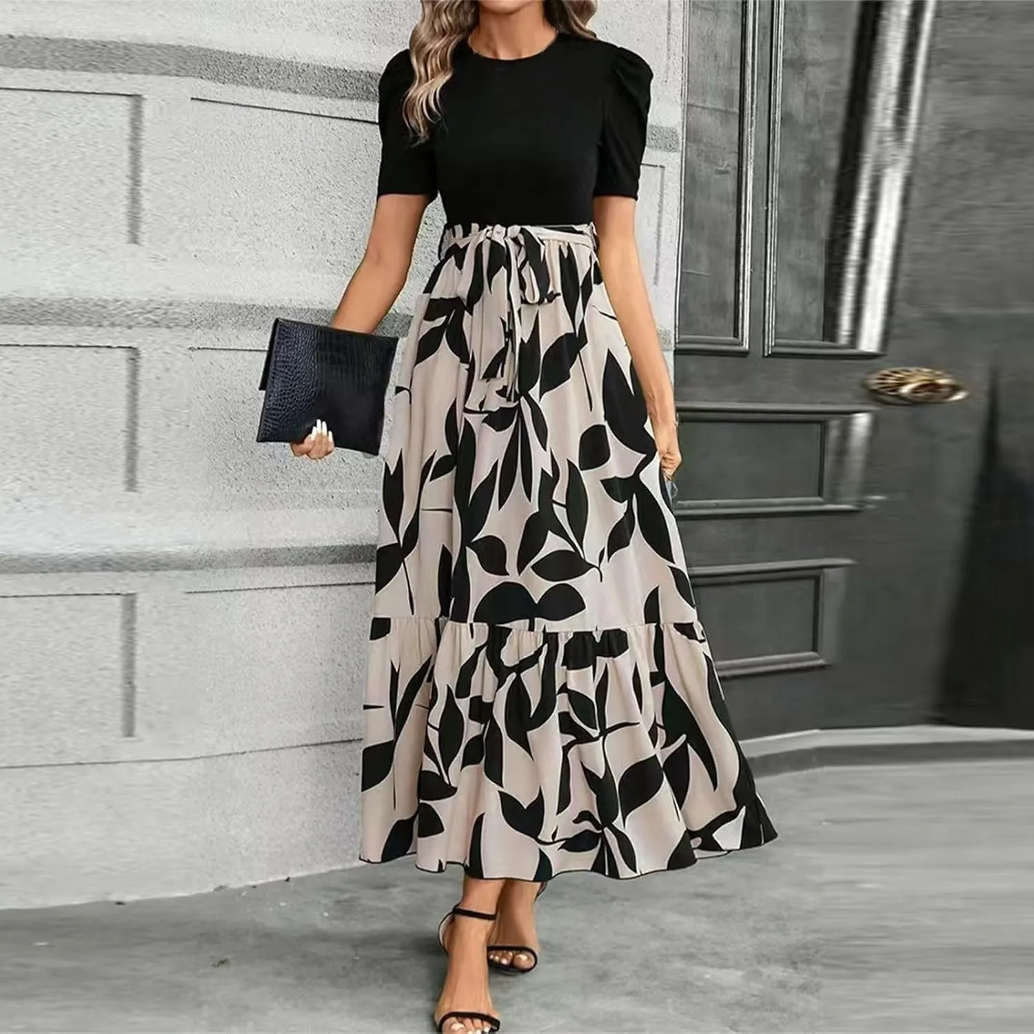 Summer Maxi Dresses for Women 2025 Young Floral Print Puff Sleeve Waist Tie and Asymmetric Hem Sundresses