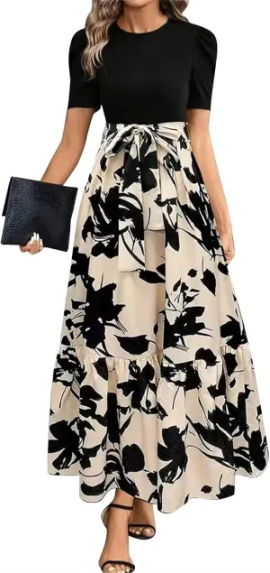 Summer Maxi Dresses for Women 2025 Young Floral Print Puff Sleeve Waist Tie and Asymmetric Hem Sundresses