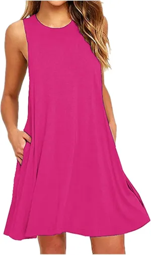 Sundresses for Women 2025 Trendy Casual Beach Vacation Cute A-Line Mini Dress Crewneck Solid Short Dress with Pocket