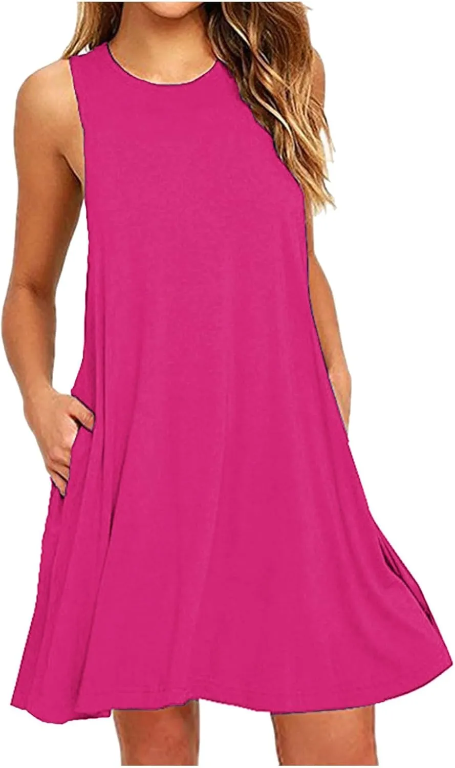 Sundresses for Women 2025 Trendy Casual Beach Vacation Cute A-Line Mini Dress Crewneck Solid Short Dress with Pocket