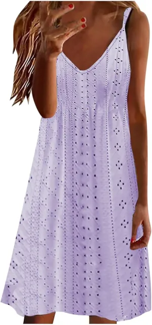 Sundresses for Women Casual Beach Lace Eyelet Dress Sexy Spaghetti Strap v Neck Flowy Summer Dresses Vacation Outfits