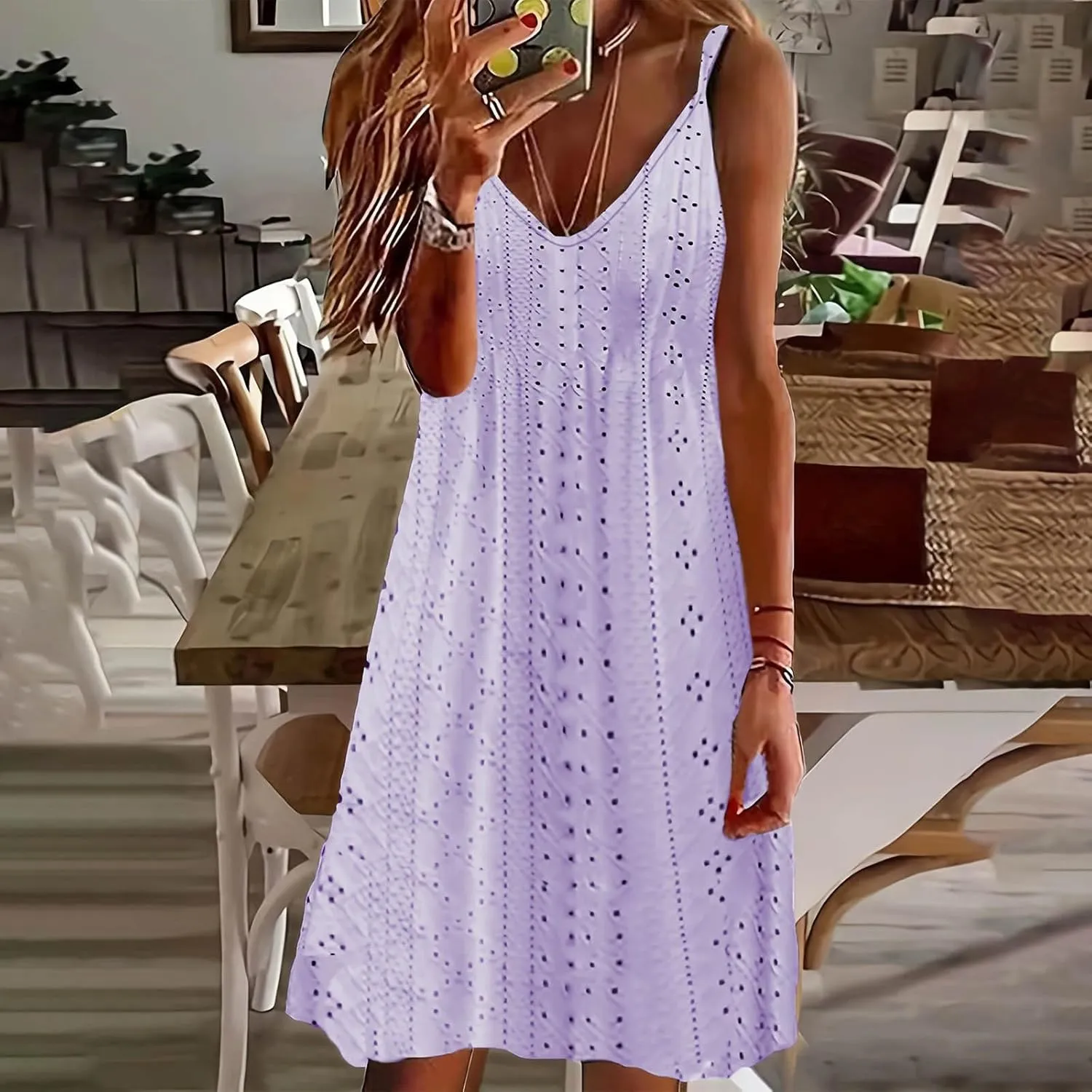 Sundresses for Women Casual Beach Lace Eyelet Dress Sexy Spaghetti Strap v Neck Flowy Summer Dresses Vacation Outfits