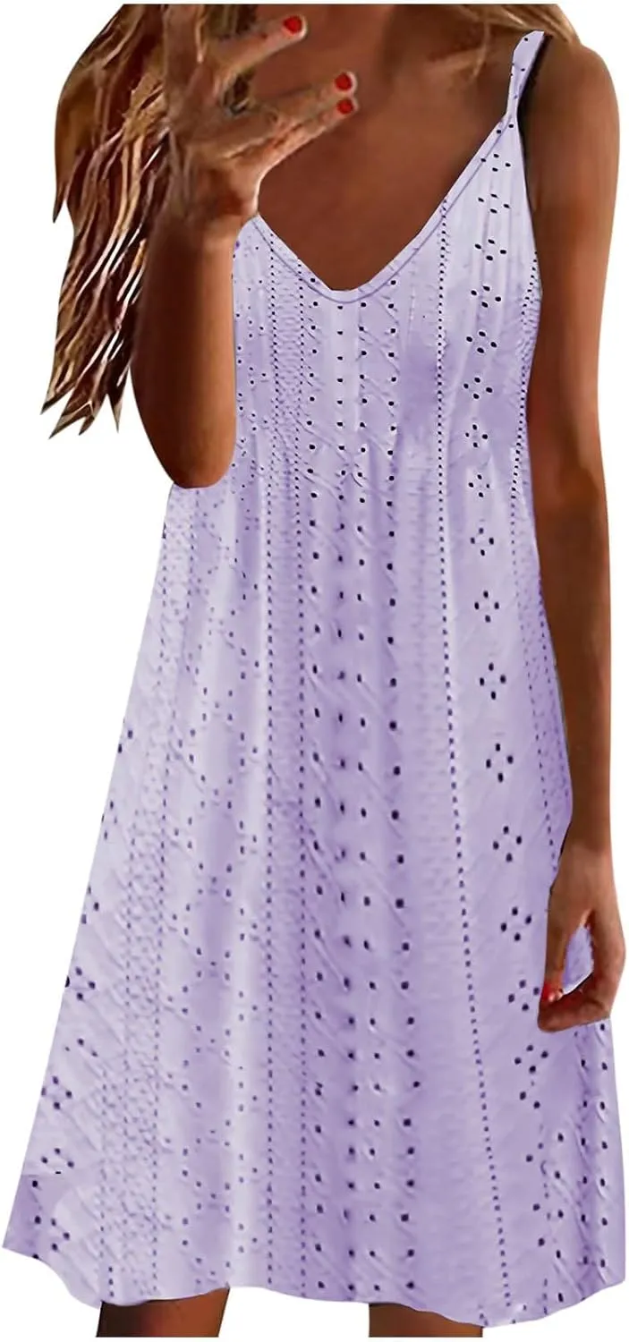 Sundresses for Women Casual Beach Lace Eyelet Dress Sexy Spaghetti Strap v Neck Flowy Summer Dresses Vacation Outfits