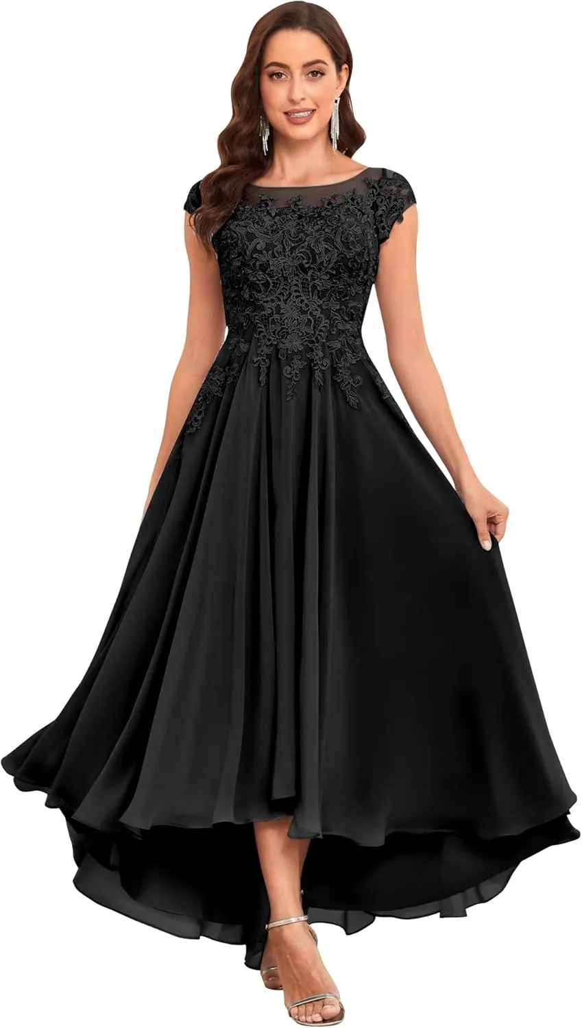 Tea Length Mother of The Bride Dresses for Wedding 2025 Cap Sleeves Lace Chiffon Formal Gown with Pockets