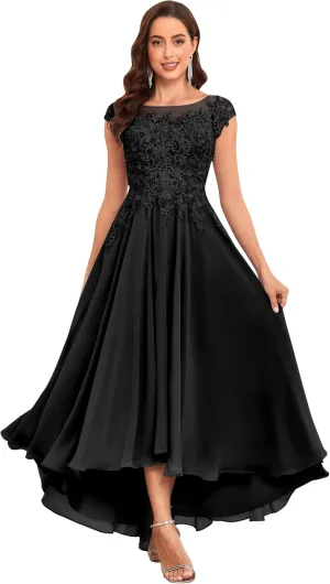 Tea Length Mother of The Bride Dresses for Wedding 2025 Cap Sleeves Lace Chiffon Formal Gown with Pockets