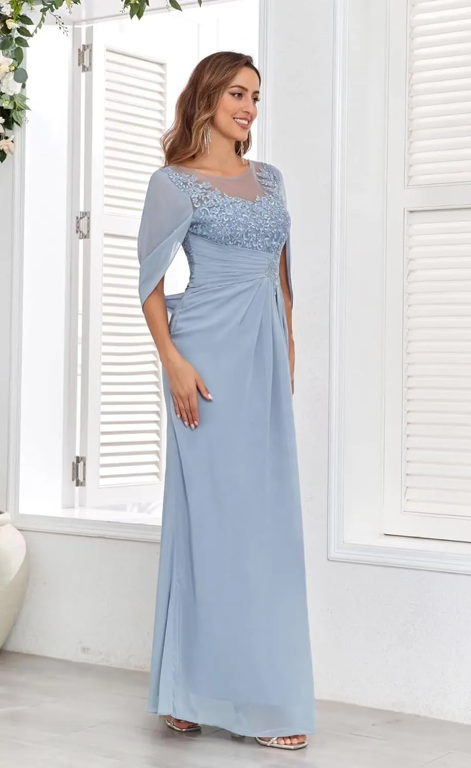 TORYEMY Cape Sleeve Mother of The Bride Dresses Mermaid Long Chiffon Lace Mother of The Groom Dresses for Wedding