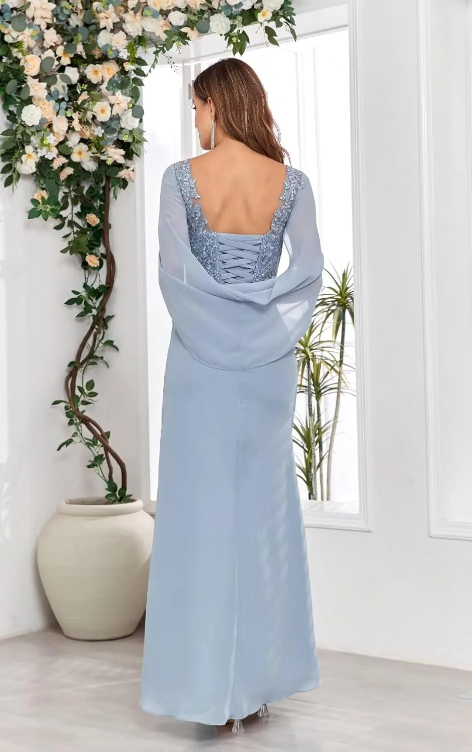TORYEMY Cape Sleeve Mother of The Bride Dresses Mermaid Long Chiffon Lace Mother of The Groom Dresses for Wedding