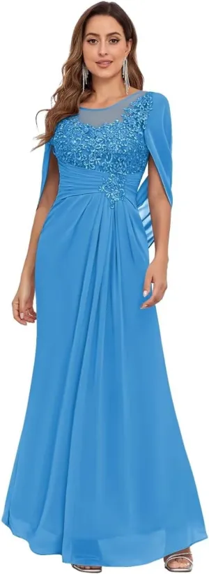 TORYEMY Cape Sleeve Mother of The Bride Dresses Mermaid Long Chiffon Lace Mother of The Groom Dresses for Wedding