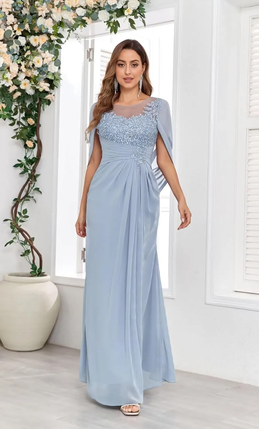 TORYEMY Cape Sleeve Mother of The Bride Dresses Mermaid Long Chiffon Lace Mother of The Groom Dresses for Wedding