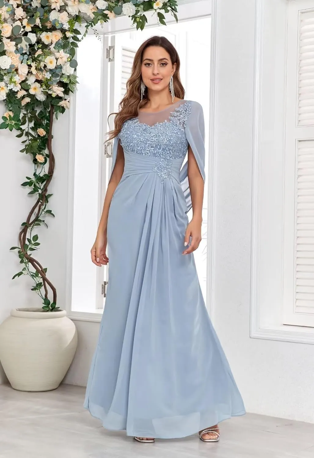TORYEMY Cape Sleeve Mother of The Bride Dresses Mermaid Long Chiffon Lace Mother of The Groom Dresses for Wedding