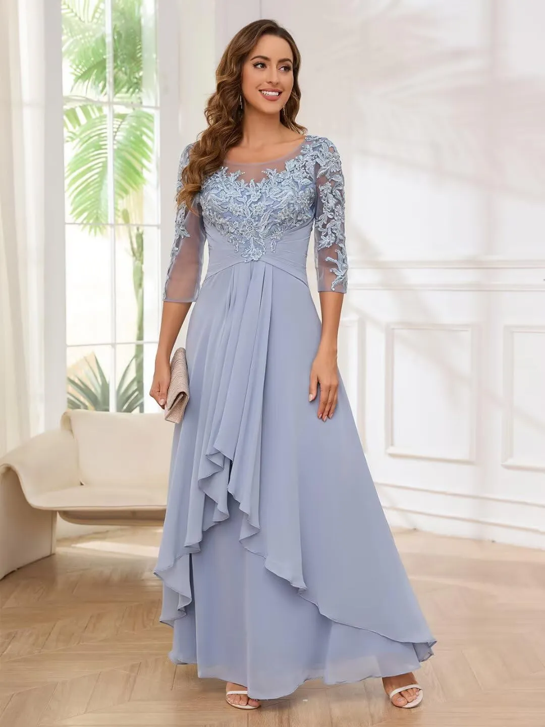 TORYEMY Mother of The Bride Dresses with Sleeves Long Chiffon Lace Appliques Formal Evening Dresses for Wedding