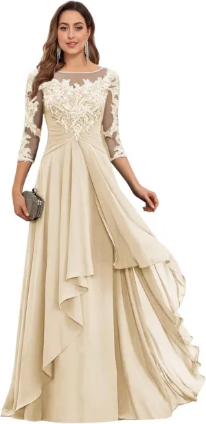 TORYEMY Mother of The Bride Dresses with Sleeves Long Chiffon Lace Appliques Formal Evening Dresses for Wedding