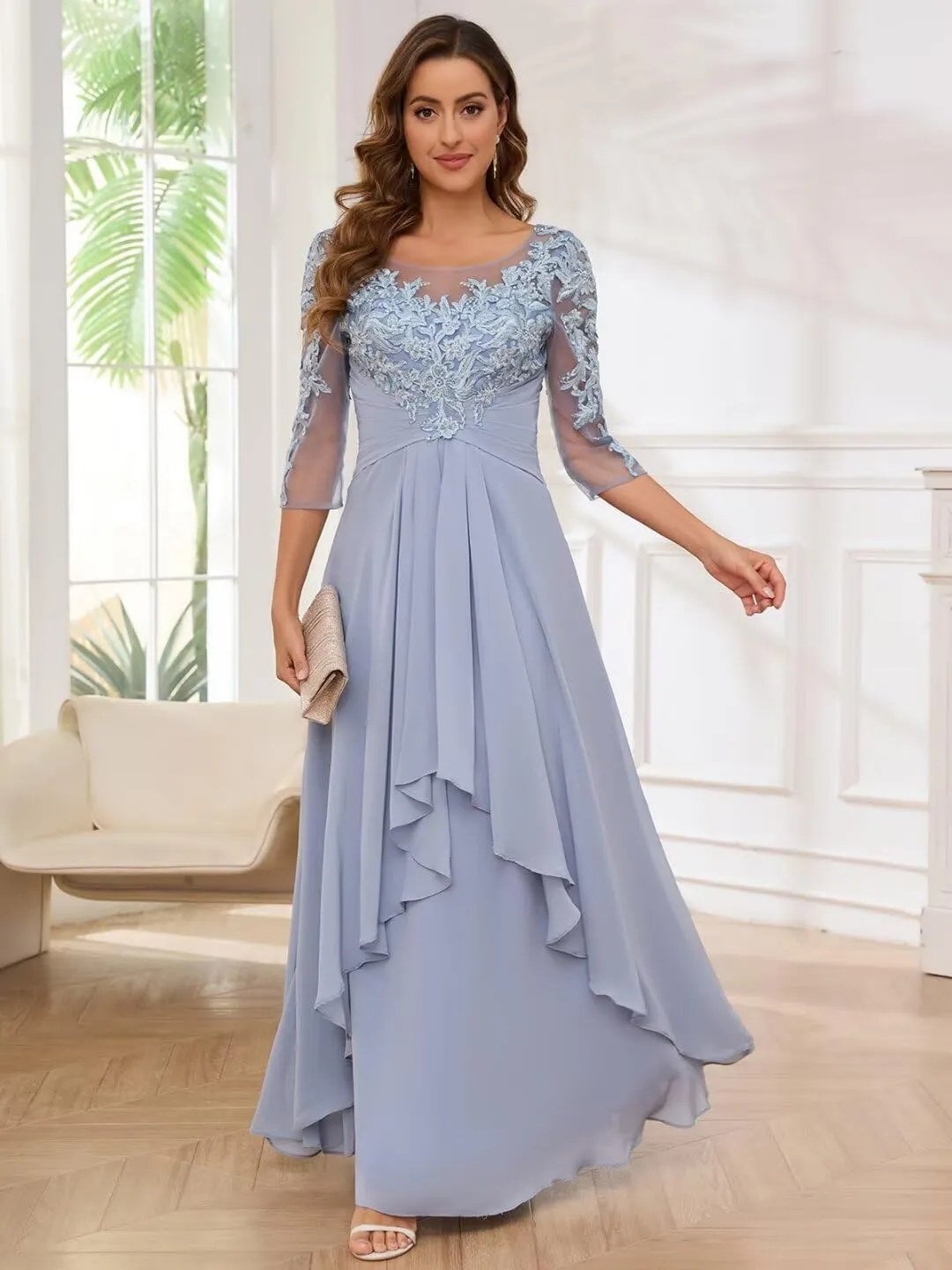 TORYEMY Mother of The Bride Dresses with Sleeves Long Chiffon Lace Appliques Formal Evening Dresses for Wedding