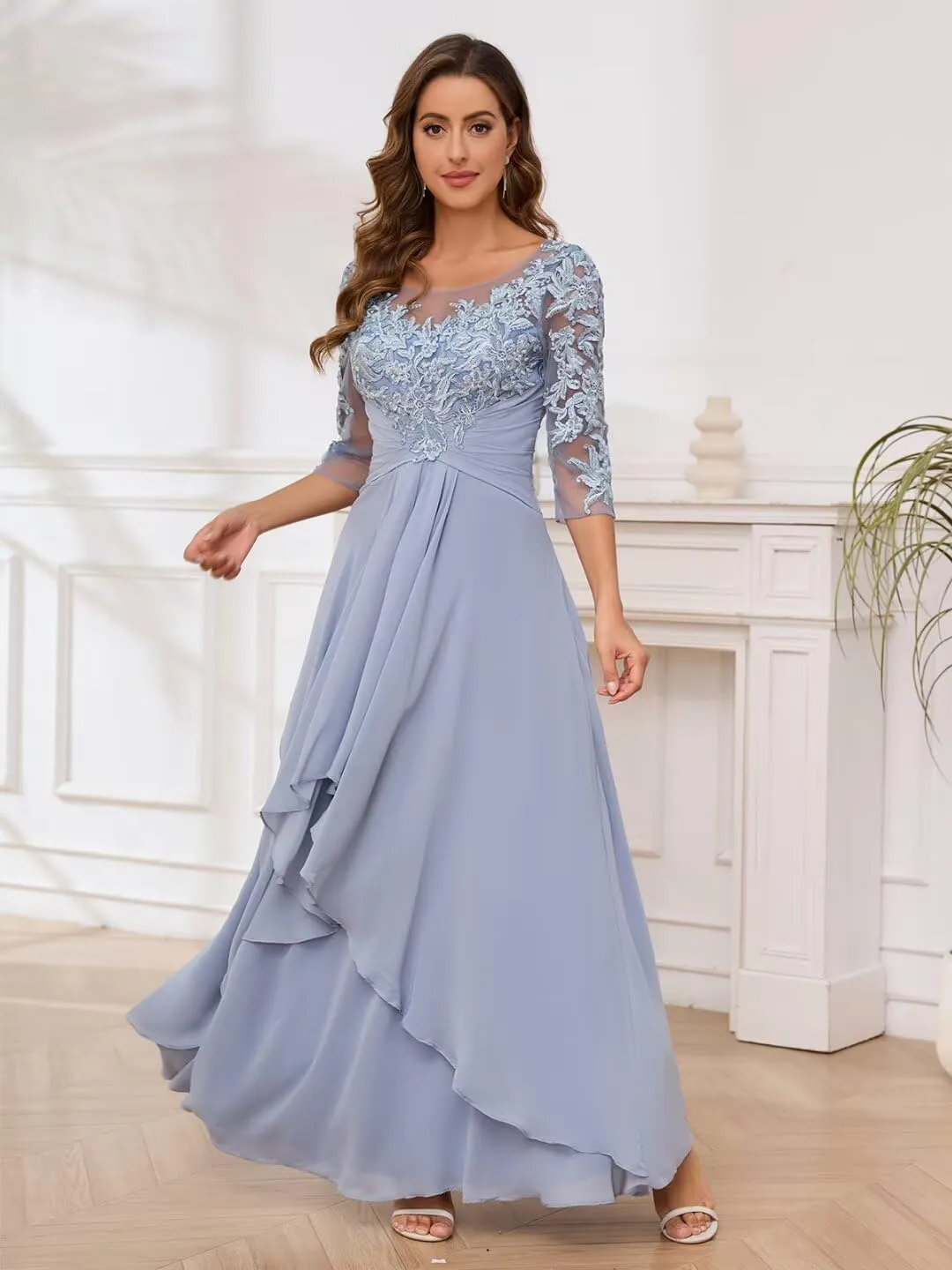 TORYEMY Mother of The Bride Dresses with Sleeves Long Chiffon Lace Appliques Formal Evening Dresses for Wedding