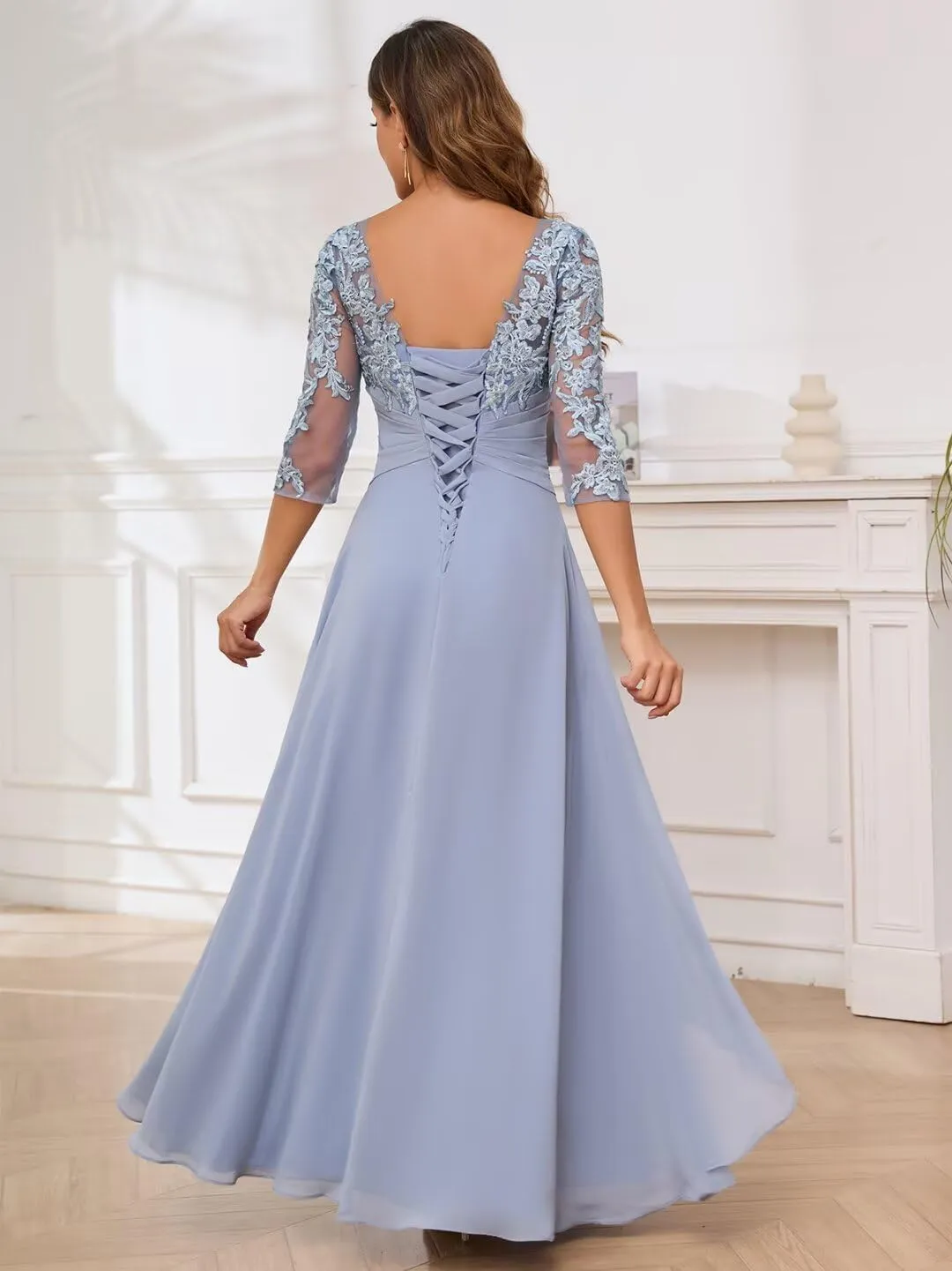 TORYEMY Mother of The Bride Dresses with Sleeves Long Chiffon Lace Appliques Formal Evening Dresses for Wedding
