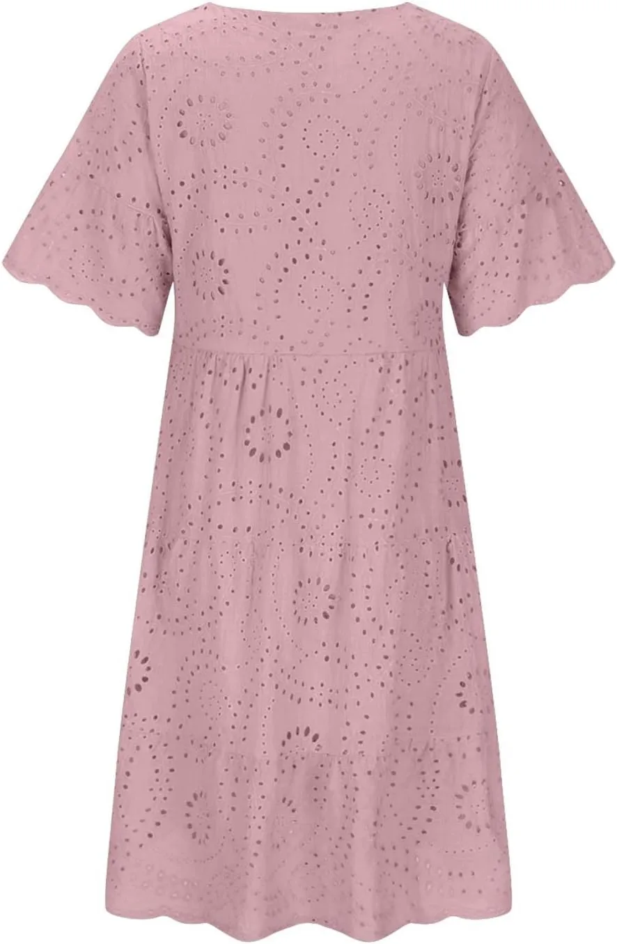 Trendy Womens Casual Dresses Eyelet Lace Tiered Mini Dress Short Sleeve Loose Fit Comfy Summer Beach Sundresses