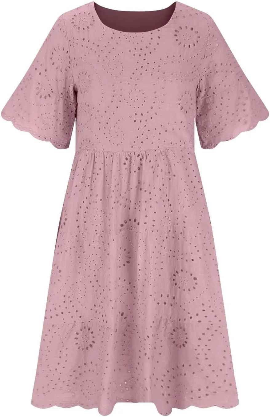 Trendy Womens Casual Dresses Eyelet Lace Tiered Mini Dress Short Sleeve Loose Fit Comfy Summer Beach Sundresses