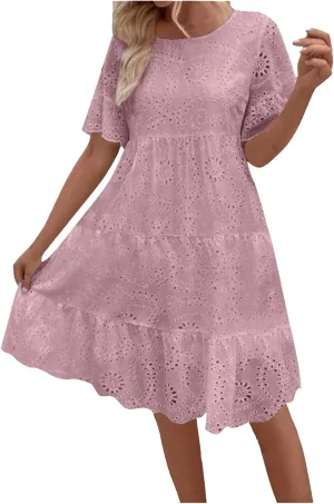 Trendy Womens Casual Dresses Eyelet Lace Tiered Mini Dress Short Sleeve Loose Fit Comfy Summer Beach Sundresses