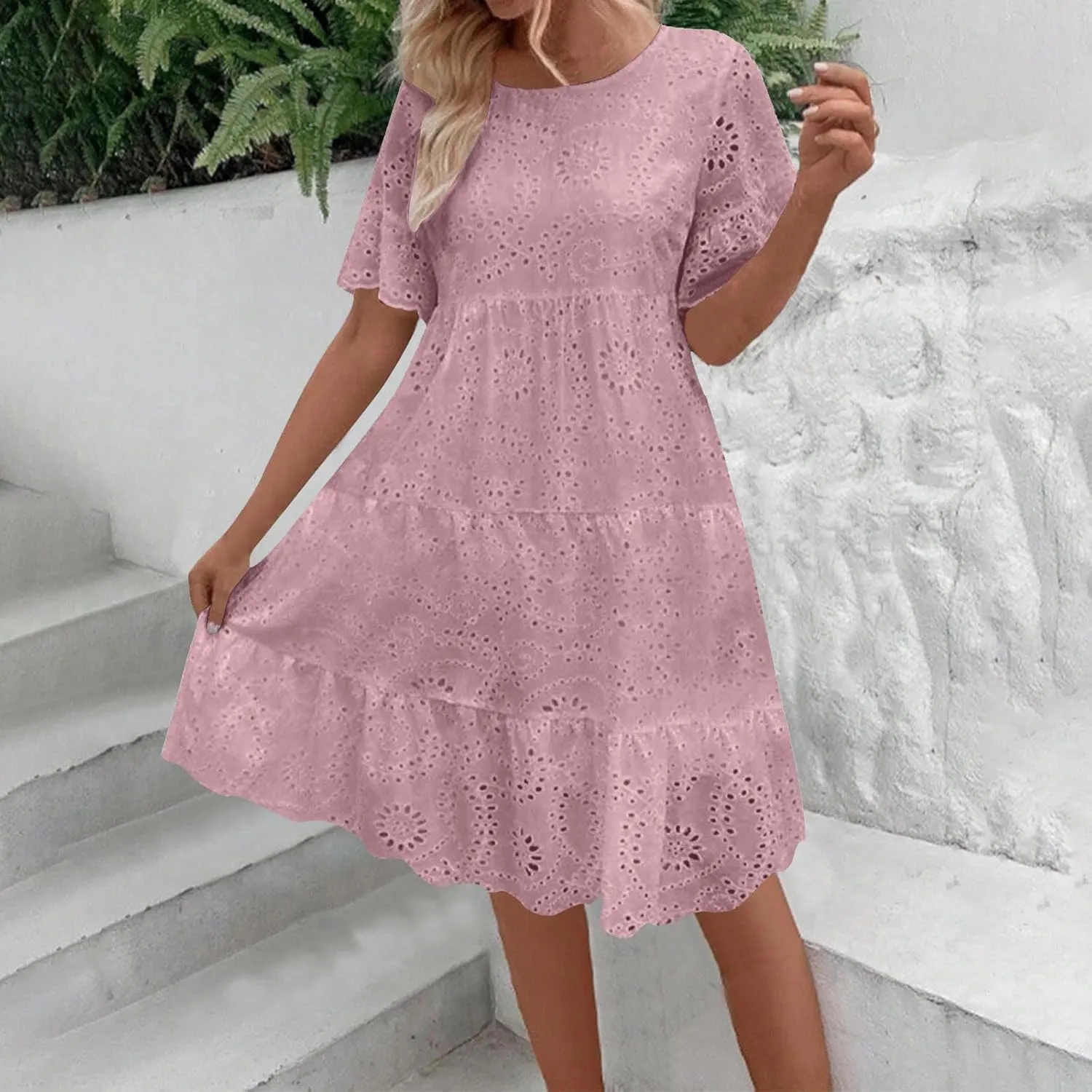 Trendy Womens Casual Dresses Eyelet Lace Tiered Mini Dress Short Sleeve Loose Fit Comfy Summer Beach Sundresses