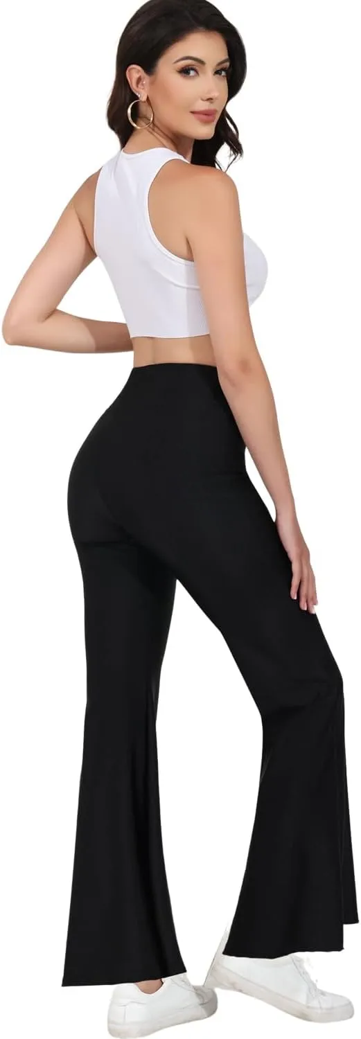 Tulucky Womens Stretchy Shiny Sports High Waisted Yoga Flare Pants Tummy Control Bell Bottom Leggings