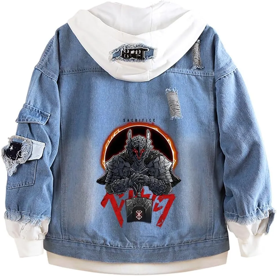 Unisex Anime Berserks Denim Jacket Cosplay Men Trucker Jean Casual Hooded Sweatshirt Coat Halloween Costume