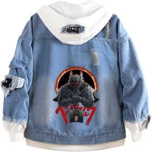 Unisex Anime Berserks Denim Jacket Cosplay Men Trucker Jean Casual Hooded Sweatshirt Coat Halloween Costume