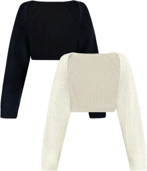 Verdusa Women's 2 Pack Open Front Long Sleeve Solid Knit Shrug Crop Cardigan