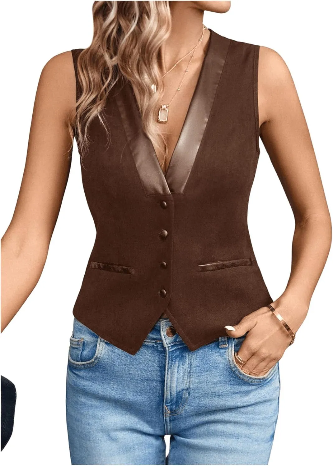 Verdusa Women's Button Front Asymmetrical Hem V Neck Sleeveless Vest Top Lightweight Jacket
