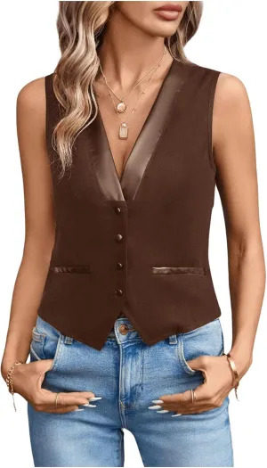 Verdusa Women's Button Front Asymmetrical Hem V Neck Sleeveless Vest Top Lightweight Jacket