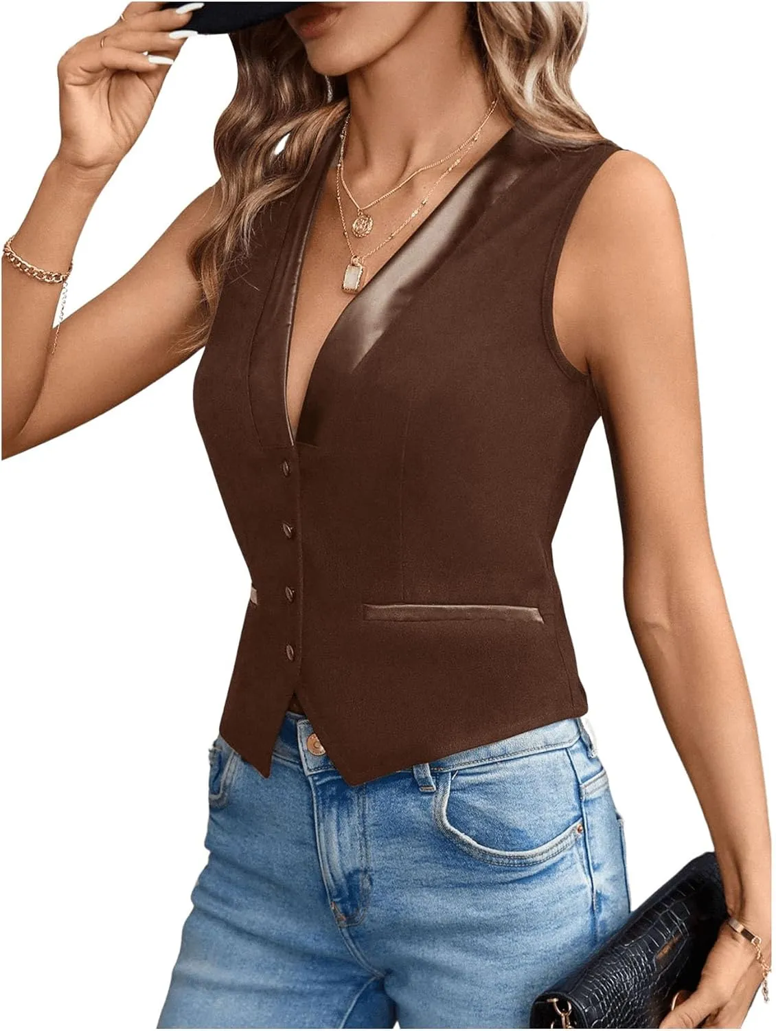 Verdusa Women's Button Front Asymmetrical Hem V Neck Sleeveless Vest Top Lightweight Jacket