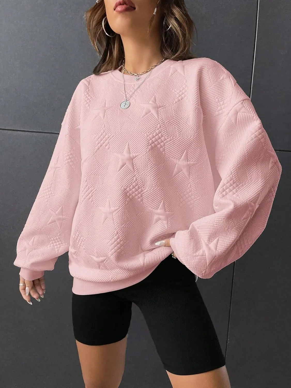 Verdusa Women's Oversized Sweatshirt Fall Outfits Embossed Long Sleeve Hoodies Crewneck Fashion 2024 Trendy Pullover Top