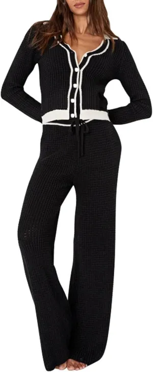 Viottiset Women's 2 Piece Outfits Sweatsuit Set Long Sleeve Button Sweatshirt Wide Leg Sweatpants Lounge Set Tracksuit